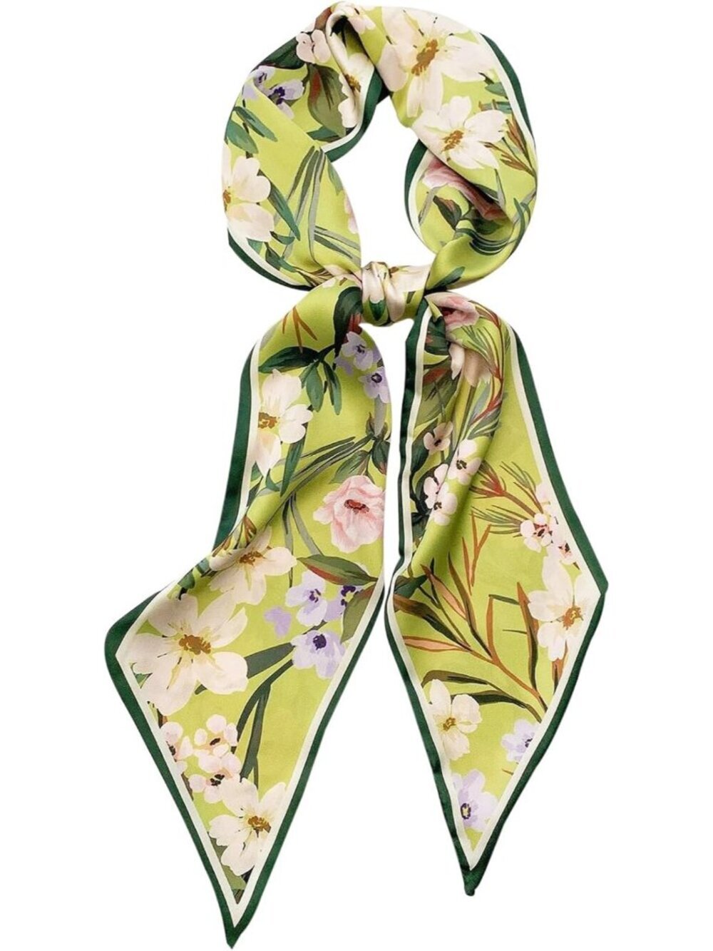 Women's 01-Green White Printed Square Headscarf Bandanas Hair Scarf Neck Scarves - Picture 1 of 6